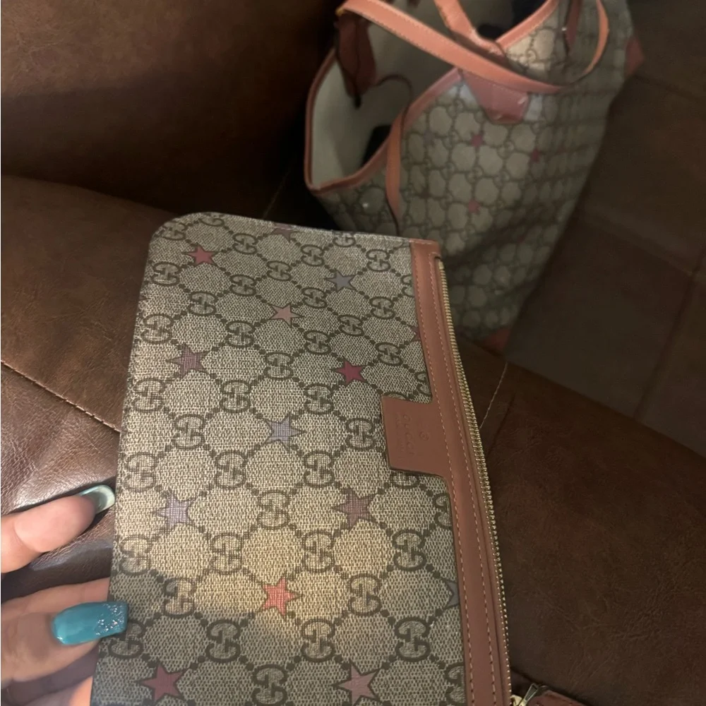 Gucci Women's Tote Bag GG Star Pattern Detachable Pouch Beige Brown Pink Purple